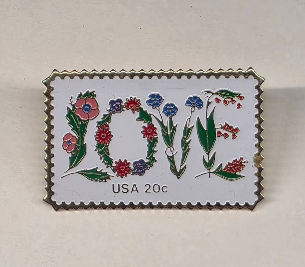 1981 USPS Love 20¢ Stamp Enamel Lapel Pin Floral Postal Collectible